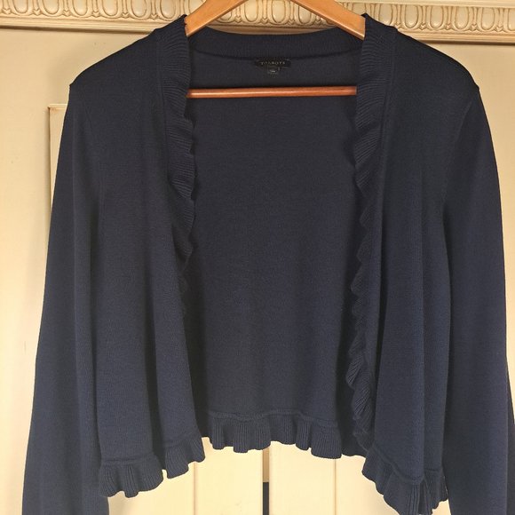 Talbots Women's Navy Cap Sleeve Dress with Ruffle Open Front Cardigan Size XL - Picture 5 of 16